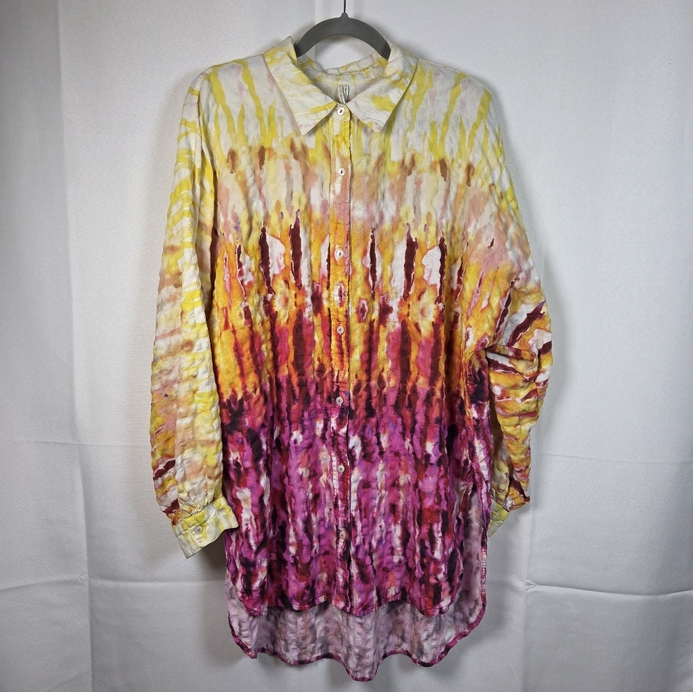 Anthropologie Oversized Button Down Tunic Shirt Hombre Tie Dye Boho Pink Large - Picture 2 of 11